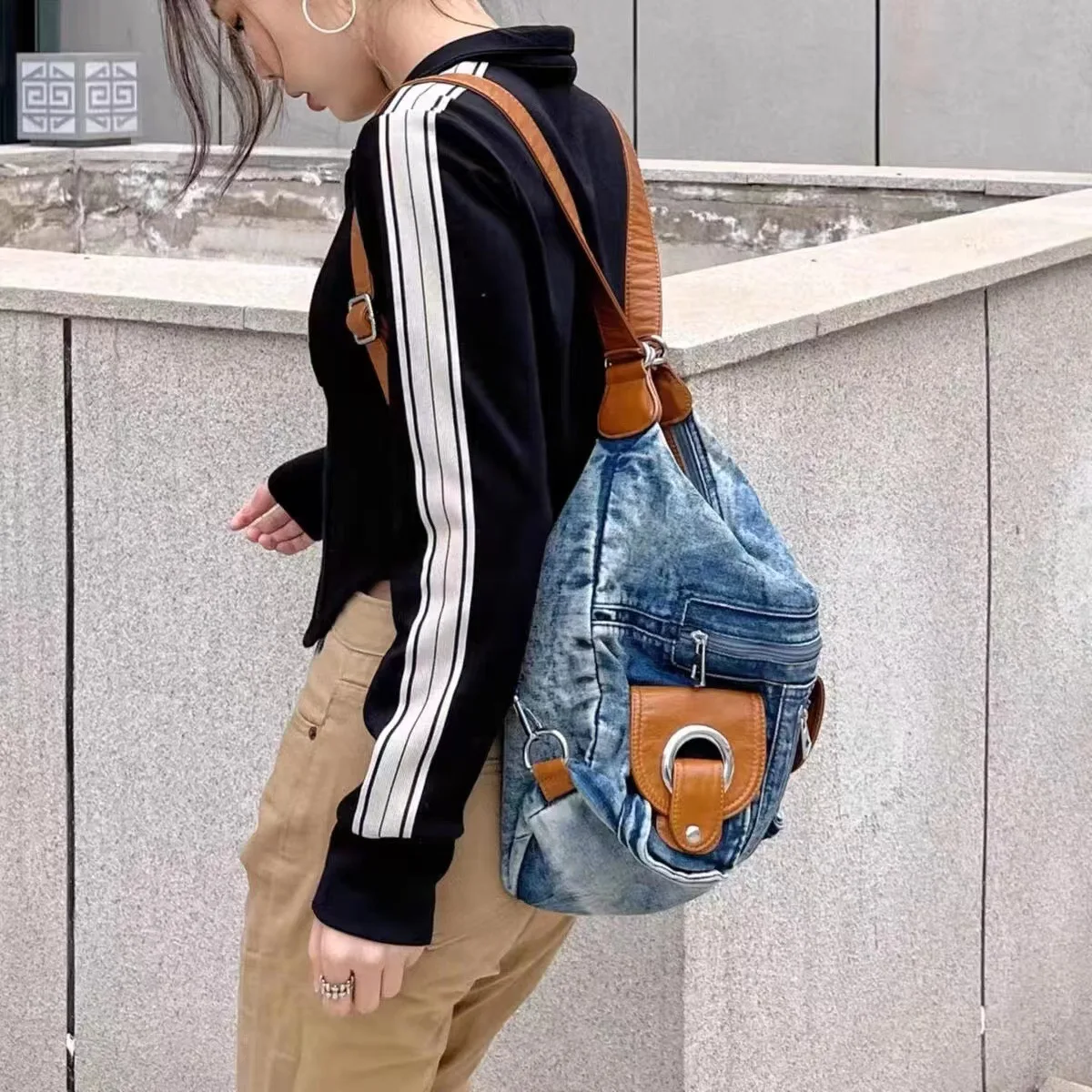 Denim Hobo Bag Women's Retro Shoulder Bag Student Leisure Style_voghion.com