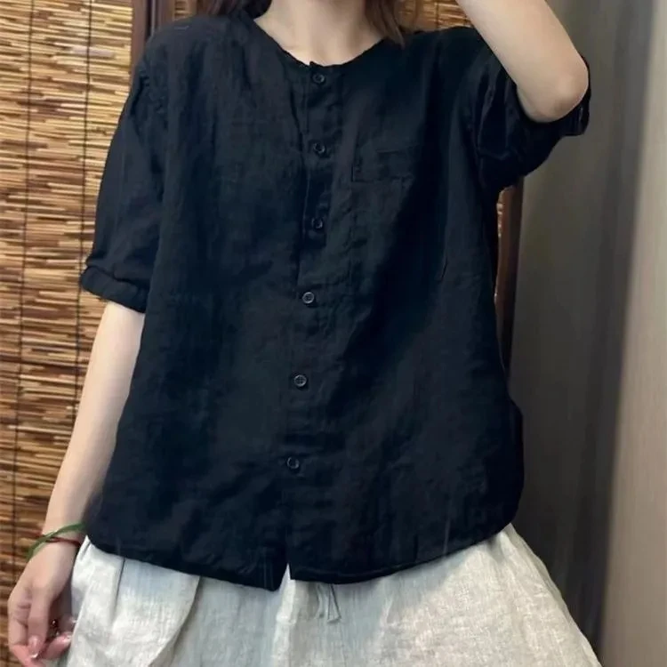 Chiffon Cotton Linen round Neck T-shirt Women Summer New Vintage Art Loose Shirt Open Cardigan Top 2025 Short Shirt For Women 6