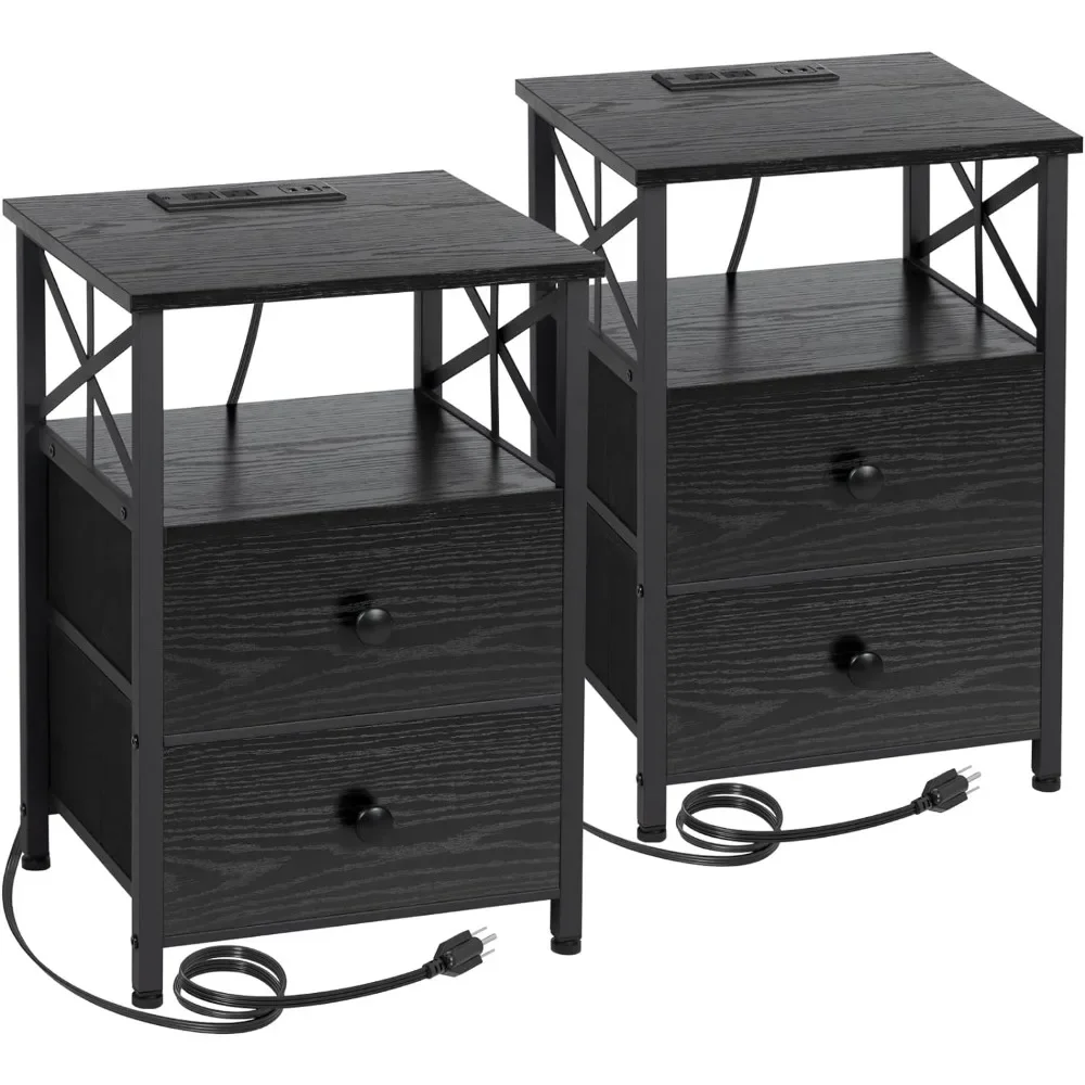 

Nightstands Set of 2, Black Night Stands with Charger Station, End Tables Living Room with USB Ports and Outlets, Bedside Tables