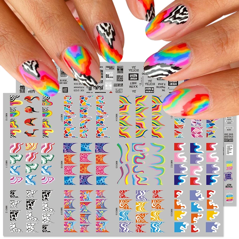 12 Design French Manicure Stickers Rainbow Wave Water Nail Decals Set Summer Neon Decorations