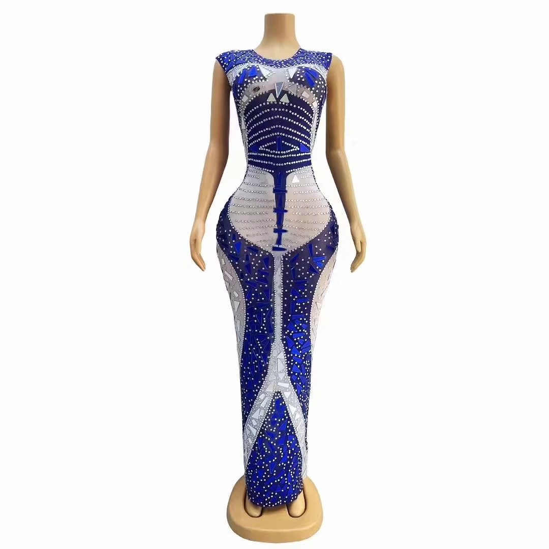 

Luxury Blue Sequin Rhinestone Sleeveless Long Dress Lady Diamond Celebrate Birthday Party Gown Singer Stage Performance Costumes