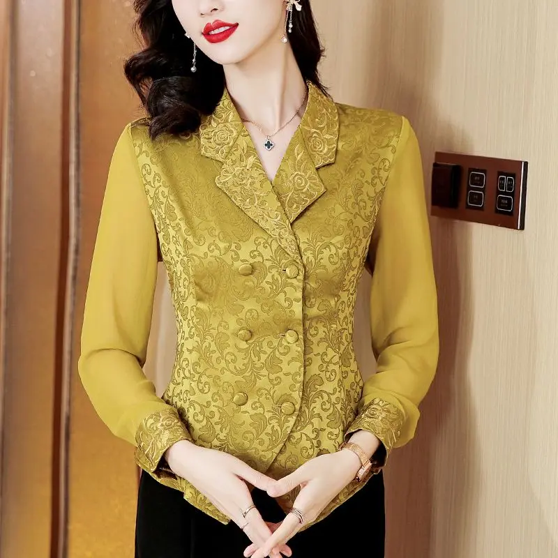 1pcs Women's Blouses Tops 2024 Spring Fashion Real Silk Jacquard Fabric Splicing Long Sleeve Primer Ladies Skinny Retro Shirts real price brand new mr j4 350b in stock 1pcs