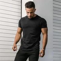 Chemises à manches courtes respirantes en coton uni pour hommes, vêtements de sport, musculation, fitness, course à pied, entraînement musculaire, salle de sport, été 1