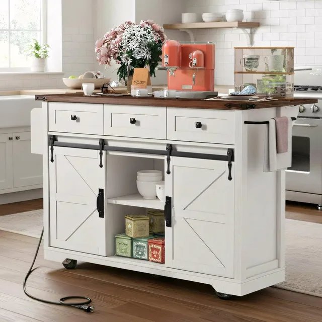 Farmhouse Kitchen Island on Wheels with Drop Leaf & Power Outlet, 53.7-Inch Rolling Storage Island Cart with Drawers
