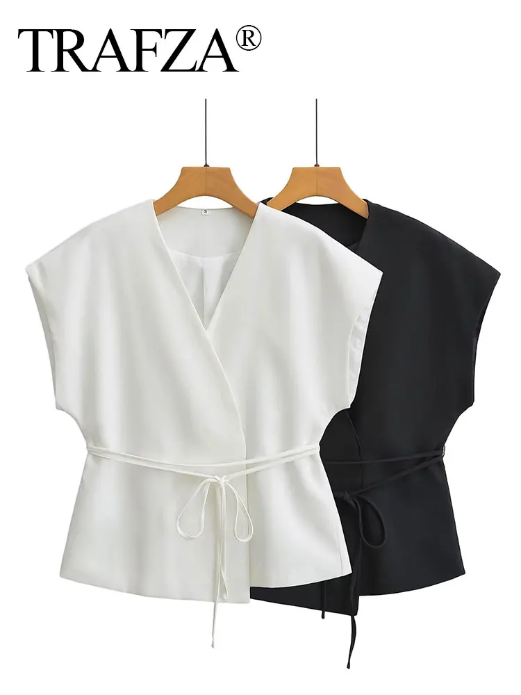 HH Women Elegant Solid Vests V Neck Sleeveless Lace Up Shirt Coat Casual Summer Female Fashion Y2k Top Vests