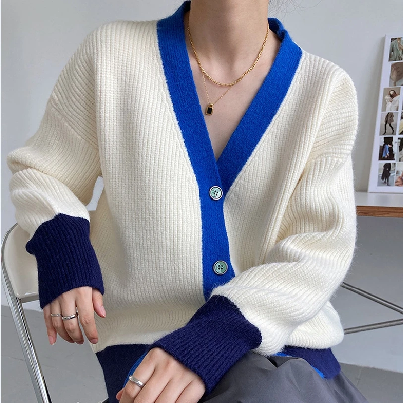 

2022 Autumn Winter Sweaters Loose Women V-Neck Casual Full Sleeve Single Breasted Patchwork Female Knitted Cardigans F505E