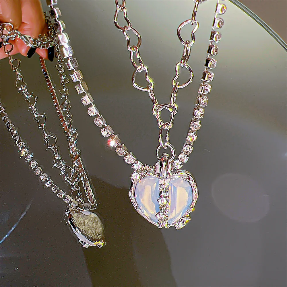Y2K Purple Crystal Heart Pendant Necklace Women Sweet Cool