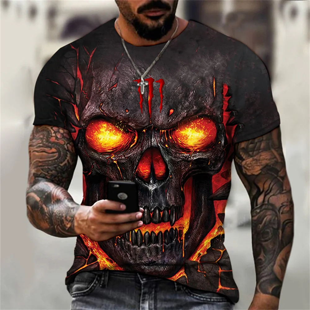 

Vintage Men's T-Shirt 3D Hell Skull Summer Classic Casual O Neck Short Sleeve Fashion Loose Oversized Top Short Sleeve