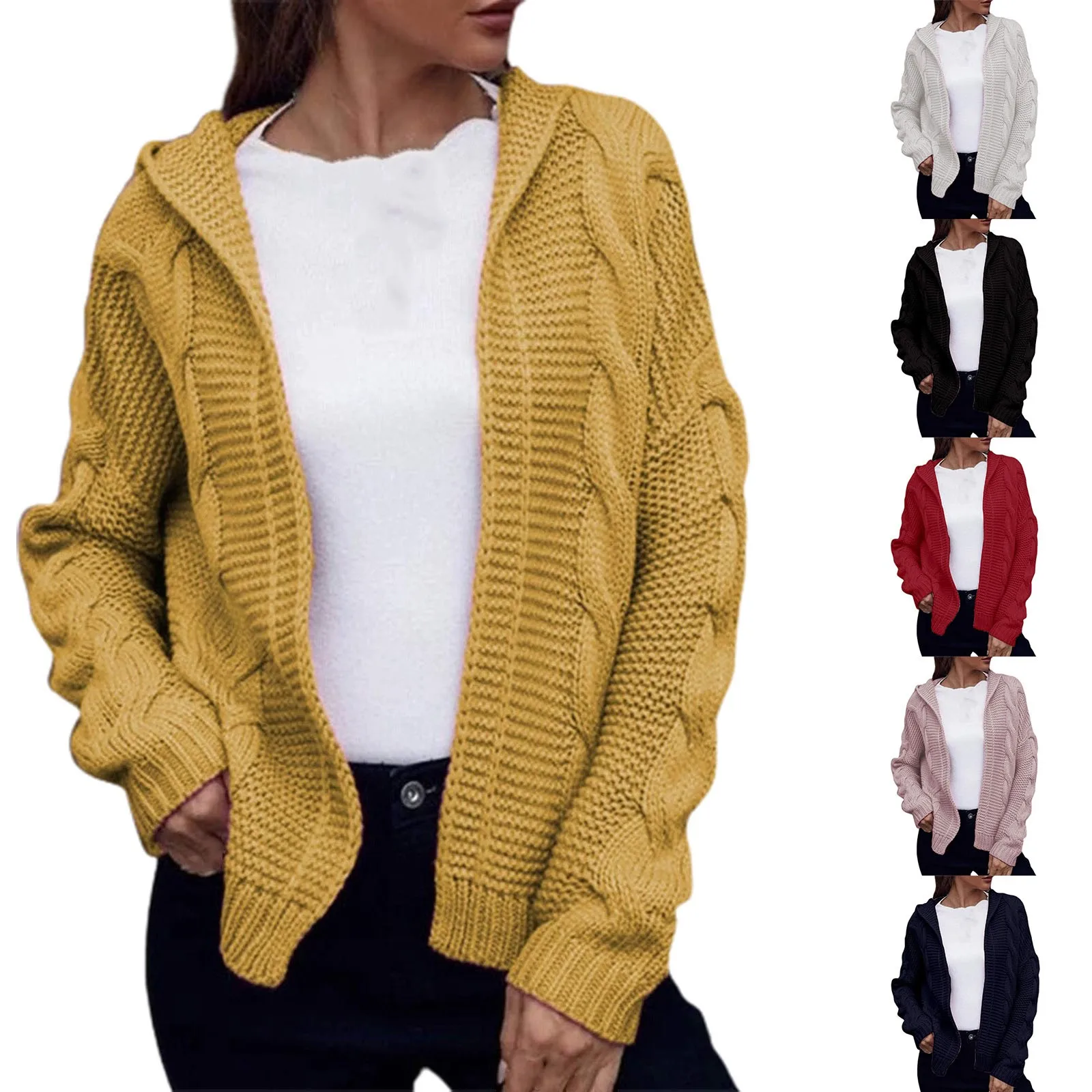 

Women's Autumn And Winter Cardigan Jacket Simple Fashion Short Chunky Knitted Jacket Solid Color Casual Hooded Cardigan Tops