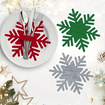 12pcs Felt Star Snowflake Red And Green Snowflake Tableware Pad Christmas Felt Snowflake Knife And Fork Covers 1