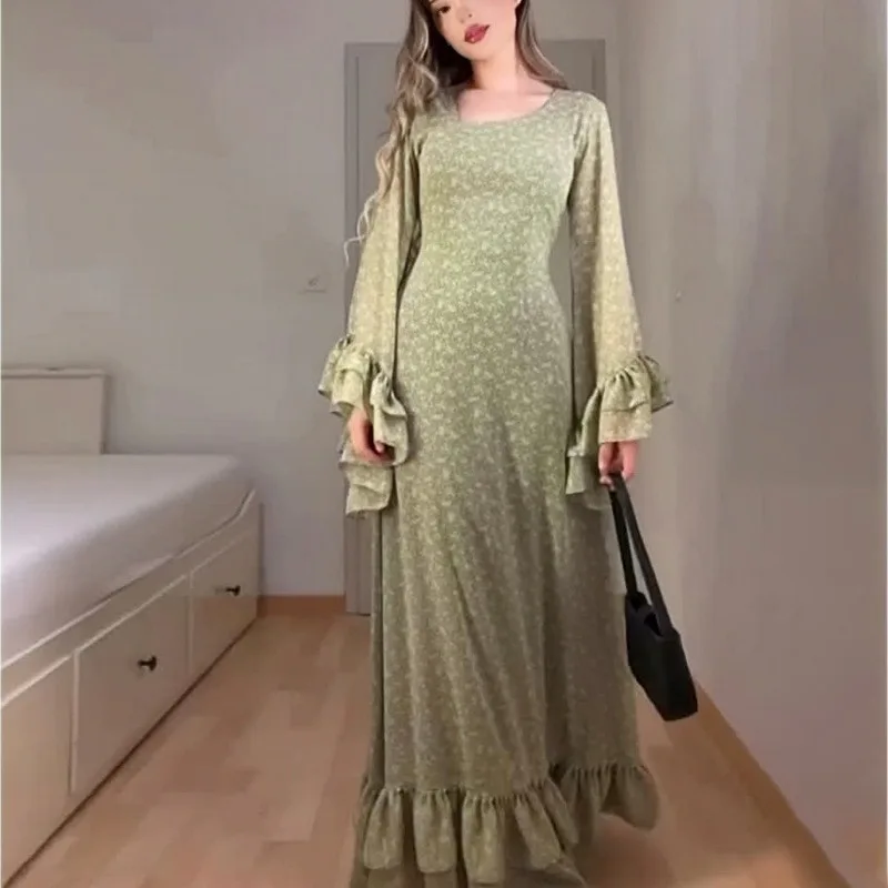 

Women's Dress 2024 New Crew-Neck Print Ruffled Long Sleeve Slim Belt Long Dress Free Shipping