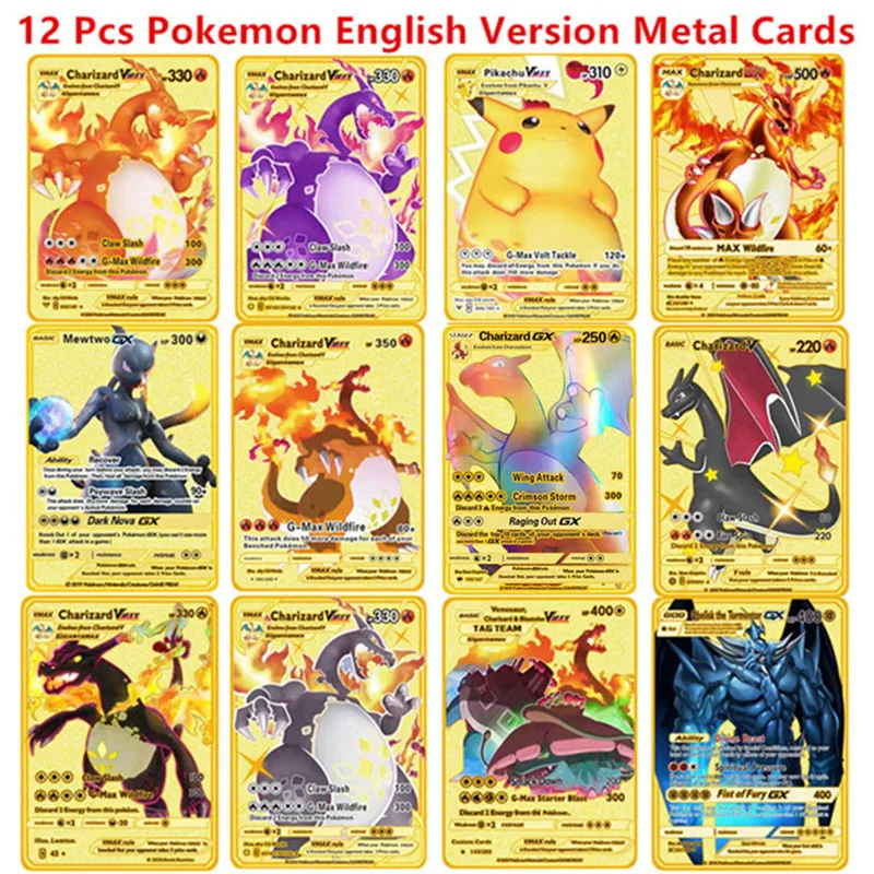 Pokemon Cards English Espanol Version 6-12 Pcs/Set Pokemon Metal Card Anime Figure Charizard Pikachu Battle Collection Carte Cards Toy Gifts game cards collectible cards anime cards anime trading cards