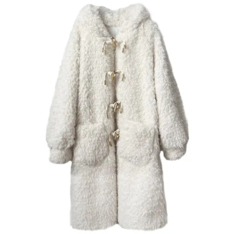 Women's Long Faux Fur Hooded Coat, Faux Fur Outwear, Horn Button, Long, Below the Knee, Casual, Thick, Warm, Winter Fashion