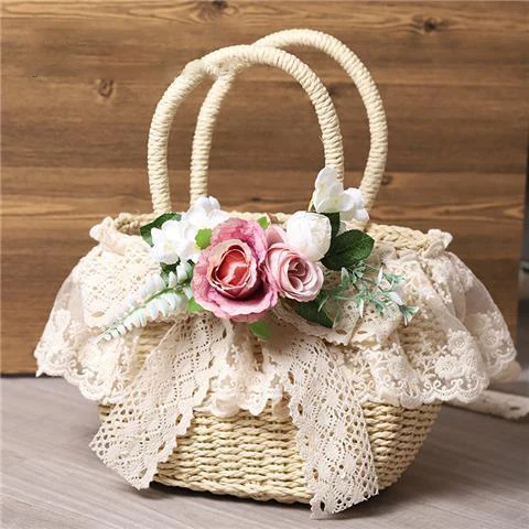 INS Style Straw Bags With Simulation Flower Beach Bag Countryside Girls' Handbag Fashion Handmade Bags Summer Accessories 3