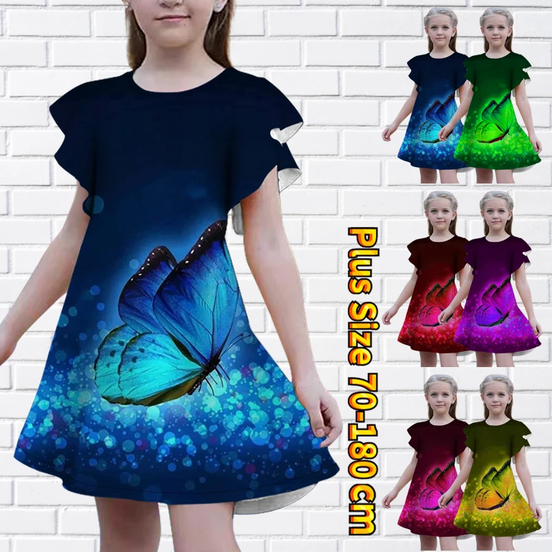 

2023 Summer New Design Printing Loose Size Short Sleeve Skirt Girl Fashion Round Neck Knee-length Skirt Casual Princess Dress