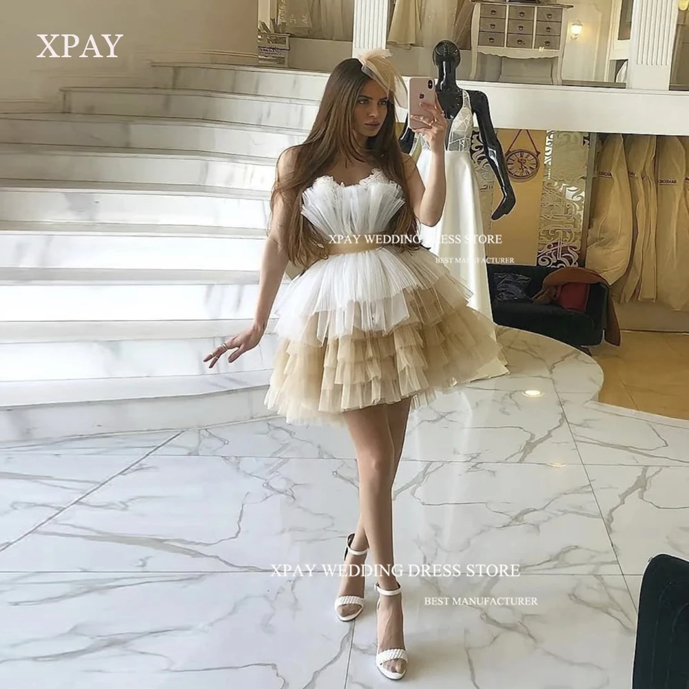 

XPAY Sexy Elves Prom Dresses Tulle Strapless Above-Knee Tiered Skirt Dubai Arabia Women Evening Gowns Party Dress