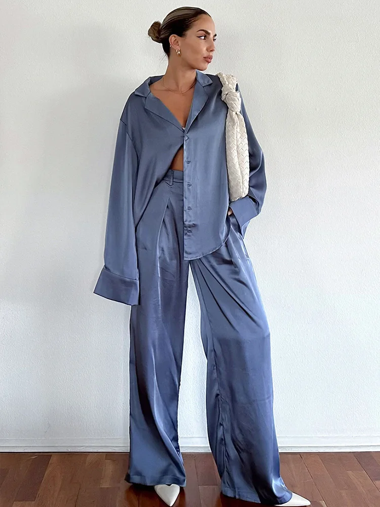 

Aynaray 2023 Women Autumn Winter Office Satin Pant Set Solid Blue Outfits 2 Two Piece Matching Set For Women