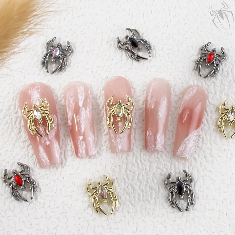 10PCS 럭셔리 합금 3D 스파이더 네일 아트 매력 라인 석 쥬얼리 액세서리 부품 할로윈 네일 장식 매니큐어 용품