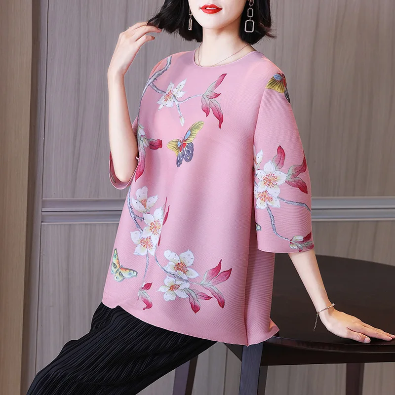 Fashionable pleated printed top, mom's new autumn 2024 women's loose fit oversized high-end T-shirt trend