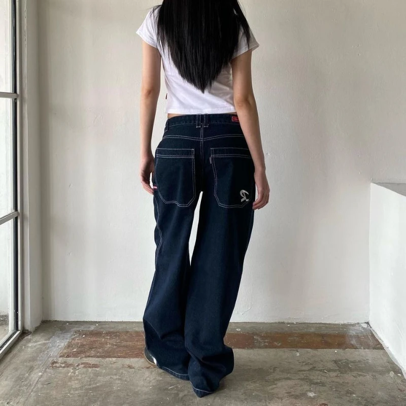 HOUZHOU Y2k 여성용 헐렁한 청바지, 빈티지 포켓 자수, 오버사이즈 데님 바지, 한국 캐주얼 루즈 와이드 레그 청바지, 하이 스트리트