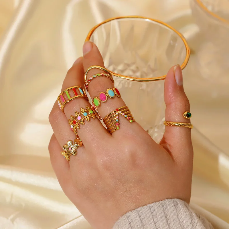 

New 18K Gold-plated Stainless Steel Rings for Women Fashion Geometric Color Drip Ring Jewelry Jewelry Party Gift Wholesale
