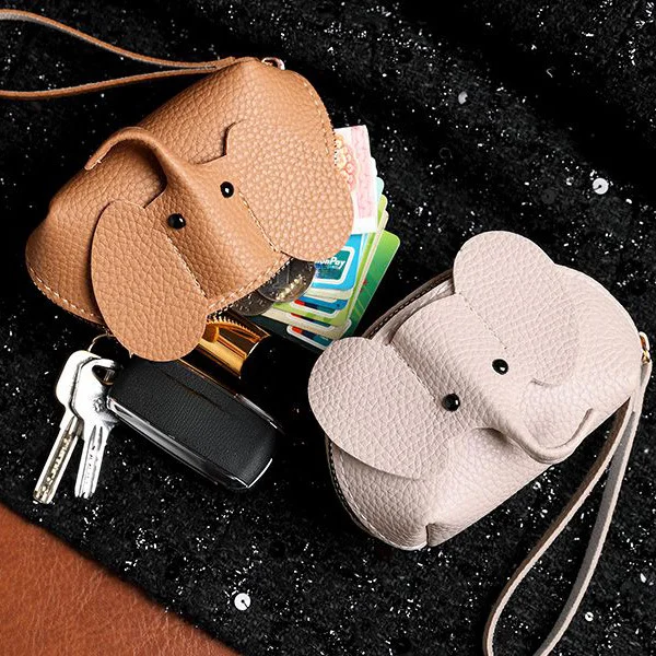 Cartera, llavero, tarjetero creativo, monedero de piel con forma de elefante, con cremallera, bolsa de mano para guardar pintalabios_voghion.com