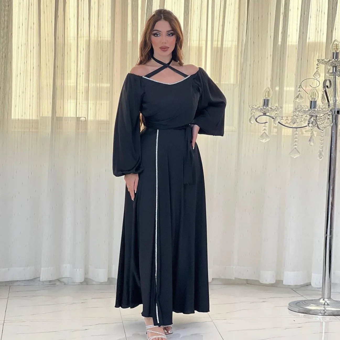 Dubai Dress Hot Diamond Evening Dress For Party V-neck Long Sleeves Elegant Dress Black Orange Muslim Arab Abaya Women Clothing