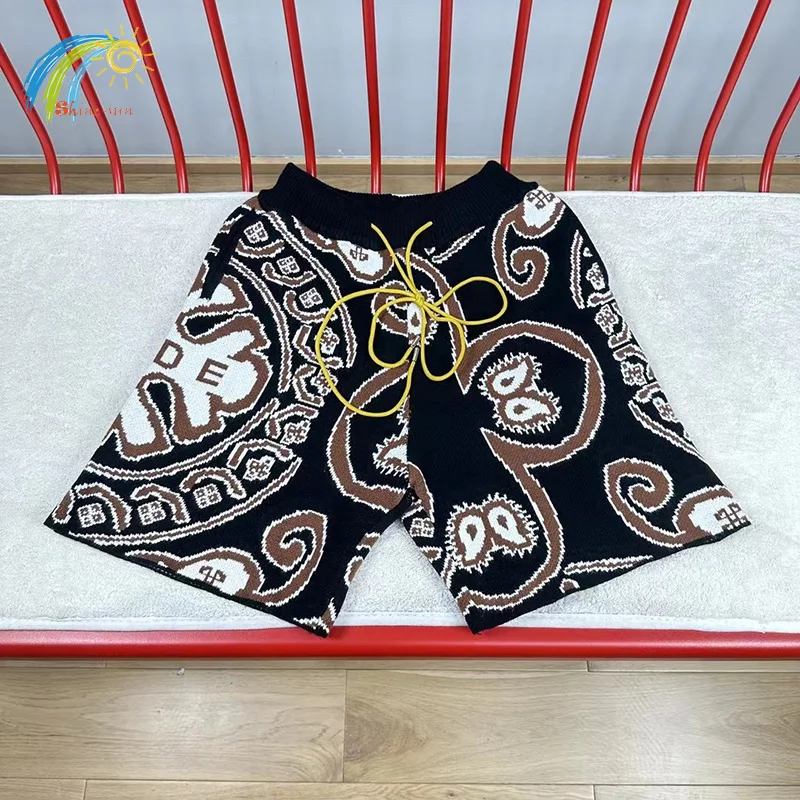 

Vintage Full Cashew Logo Jacquard Rhude Knitted Shorts Men Women 1:1 Oversized Black Green Blue Red Drawstring Rhude Breeches
