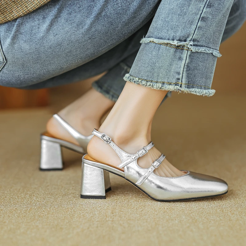 Small Size 33 34 Spring Summer Classics Covered Toe Mary Janes Pumps Womens Split Leather Double Buckle Strap Slingbacks Sandals