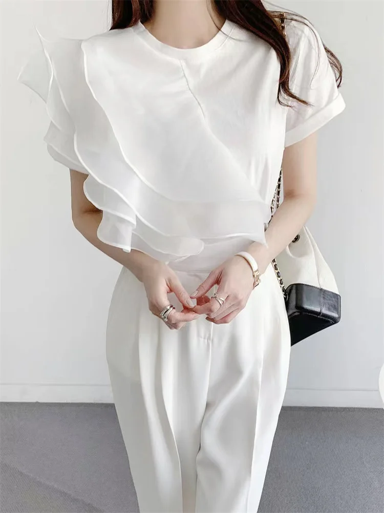 

Korean Chic Summer Women T Shirt Sweet Style Round Neck Multi Layer Ruffles White Loose Tops Short Sleeve Pure Black T-shirt