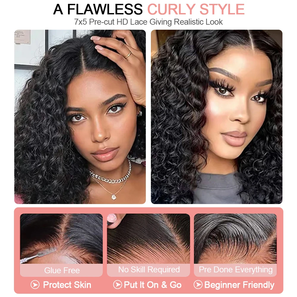 Water Curly Short Bob Wigs 250% Brazilian Ready to Go 7x5 Glueless Human Hair Wigs 13x6 Deep Wave HD Lace Frontal Wig For Women 3