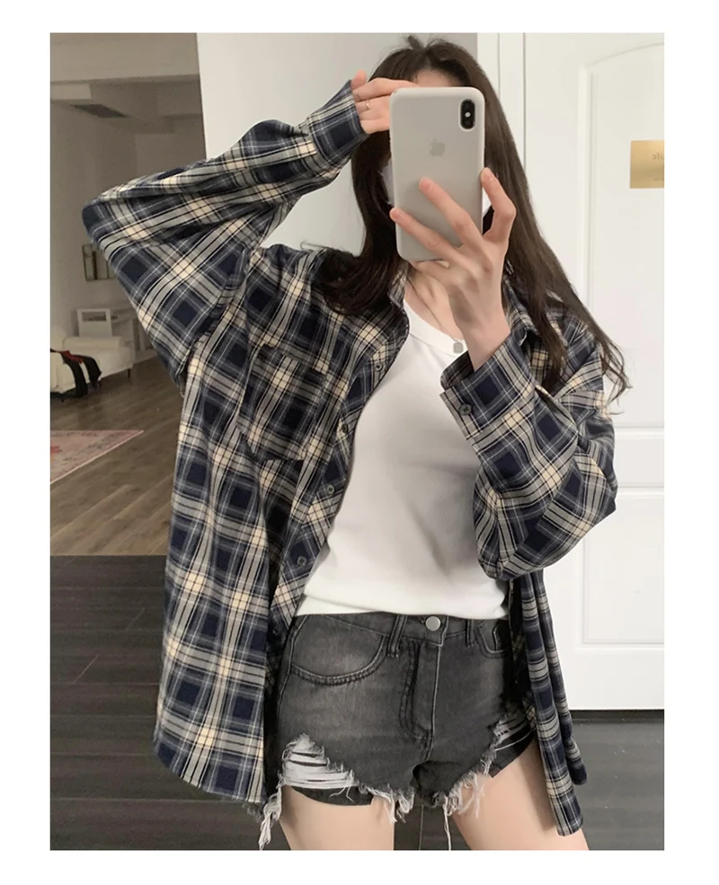 Long Sleeve Sweet Shirts Women Korean Casual Split Blouses Streetwear Harajuku Cute Oversized Loose Thickened Plaid Shirt Tops