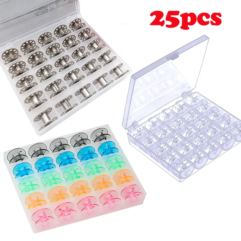 25Pcs Sewing Machine Bobbins Spools Plastic Metal Empty Bobbins Spools With Case Storage Box For Home Sewing Accessories Tools