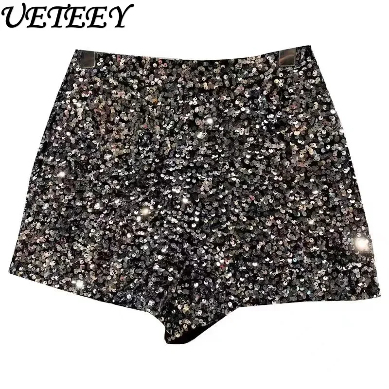 2023 New Summer Autumn New Full Sequined Shiny Casual Shorts Heavy Zipper Nightclub Socialite Short Shorts Hot Pants for Women