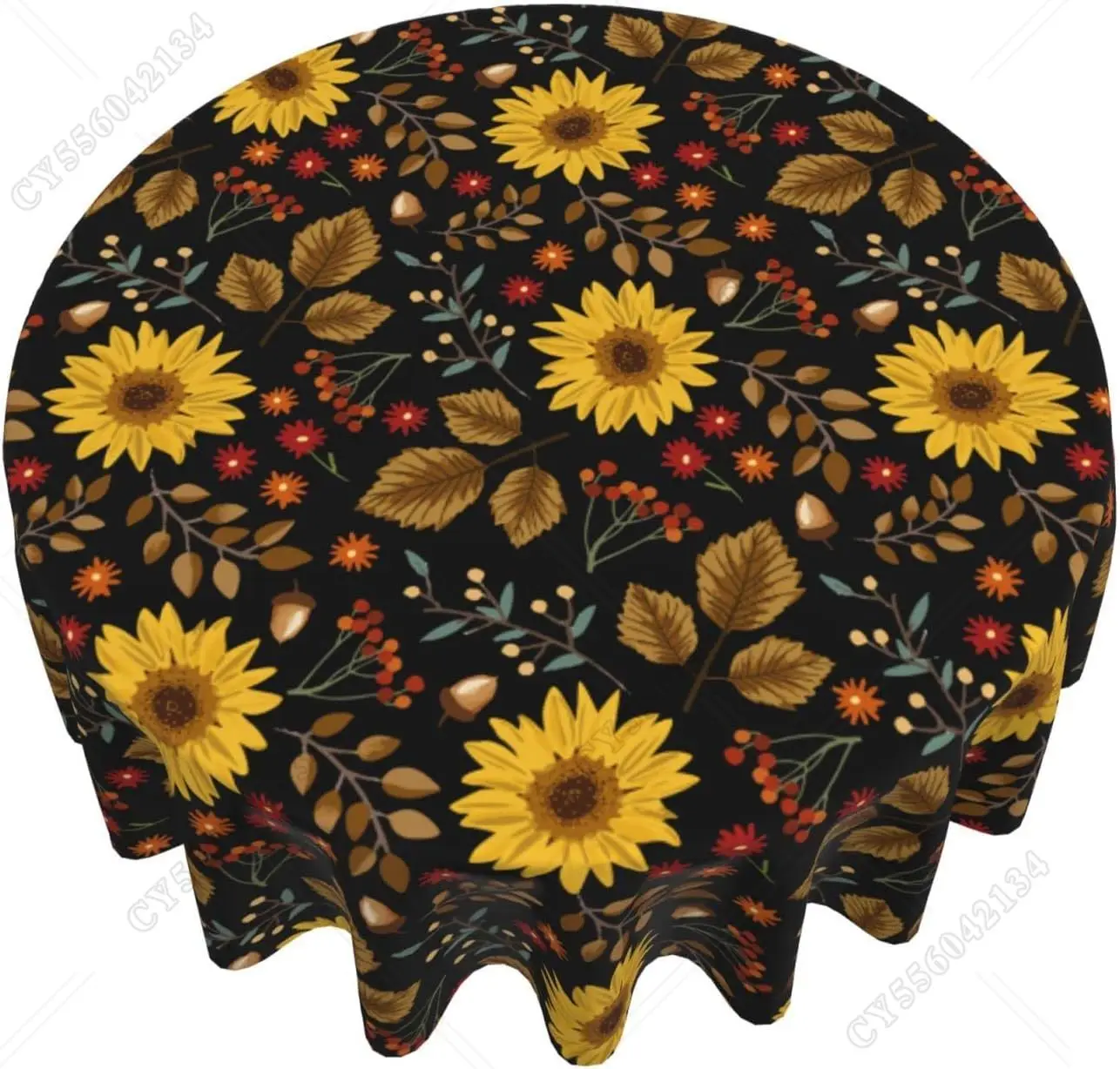 

Fall Sunflower Round Tablecloth Rustic Fallen Leaves Tablecloths Vintage Sunflowers Waterproof Farmhouse Table Cloth Cover