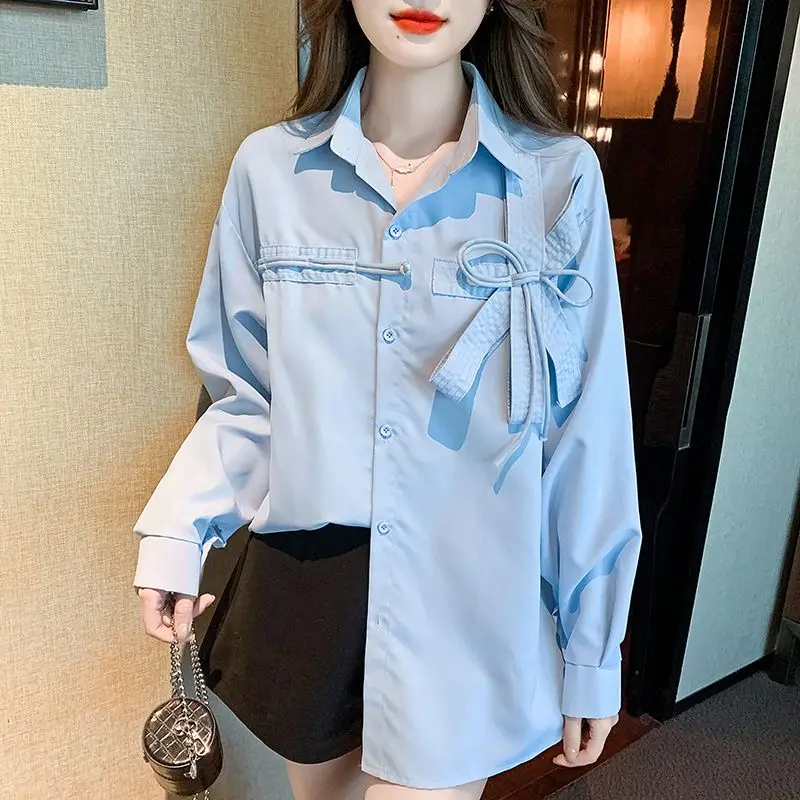 Spring Autumn New Solid Color Fashion POLO Collar Shirt Women High Street Casual Long Sleeve Cardigan Bow Patchwork Chic Tops