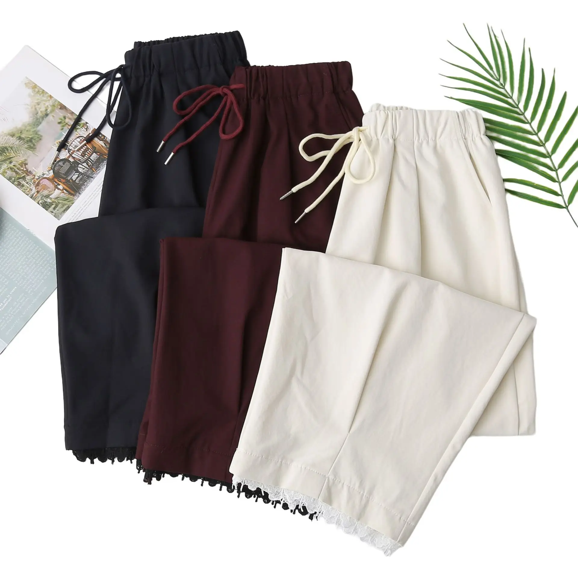 Fashion Plus Size Women's Pants Autumn New Casual Drawstring Waist Hem Lace Straight Trousers 25005