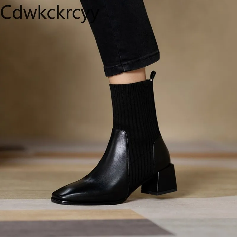

winter The New fashion British style Square head Thick heel Women boots black brown Beige Elasticity Socks stovepipe Women boots