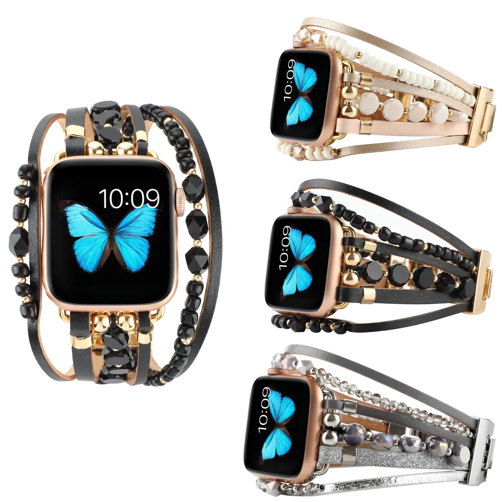 

Ремешок из натуральной кожи для Apple Watch Series 8 7 6 SE 5 4 3 2, металлический браслет для iWatch Ultra 49 мм, Роскошные браслеты с бусинами