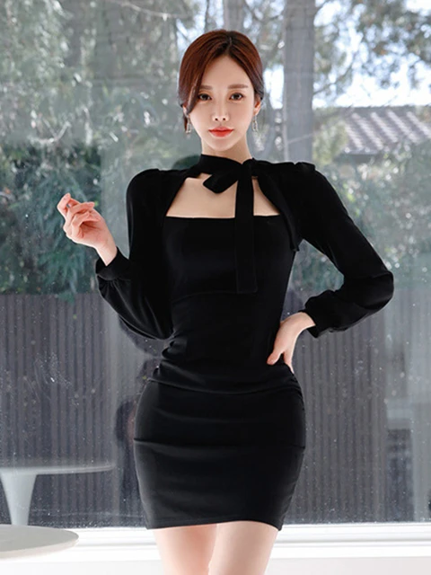 Korean Ladies Mini Black Dress  Korean Clothing Casual Dress