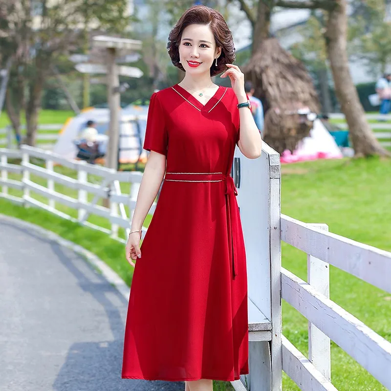 

Elegant Womens Summer New V Neck Short Sleeve solid color Chiffon Dress For Female Fashion edium and long belt party Dress
