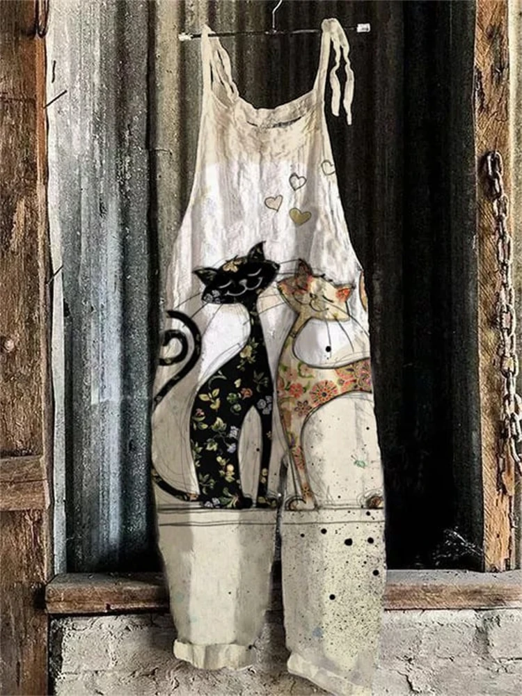 New Women Fun Cat Print Adjustable Strap Romper Autumn Wide Leg Romper Loose Casual Bib Overalls With Overalls Romper With Strap