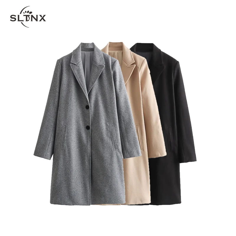

SLTNX Woolen Long Coat for Women 2023 Winter Warm Overcoat Female Chic Single-breasted with Pockets Wool & Blends New Outerwear