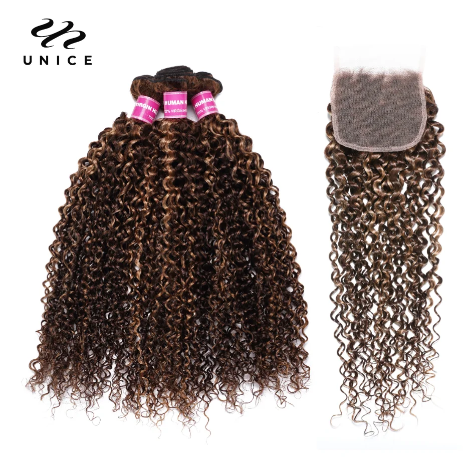 UNice Hair Highlight Blonde Curly Hair 2/3/4 Bundles With Closure Human Lace Closure With Bundles Sew In Quick Weaves