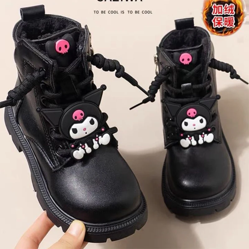 

Sanrio Boots Children Black Kuromi Shoes Girls Martin Boots Winter Fleece Warm Ankle Boots Soft Soled Leather Boots Gift for Kid