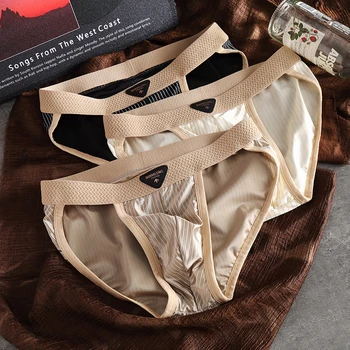 3-Pack Men's Briefs Youth Sports Trunks Breathable Ice Silk Striped Underwear Stylish Men's Underpants