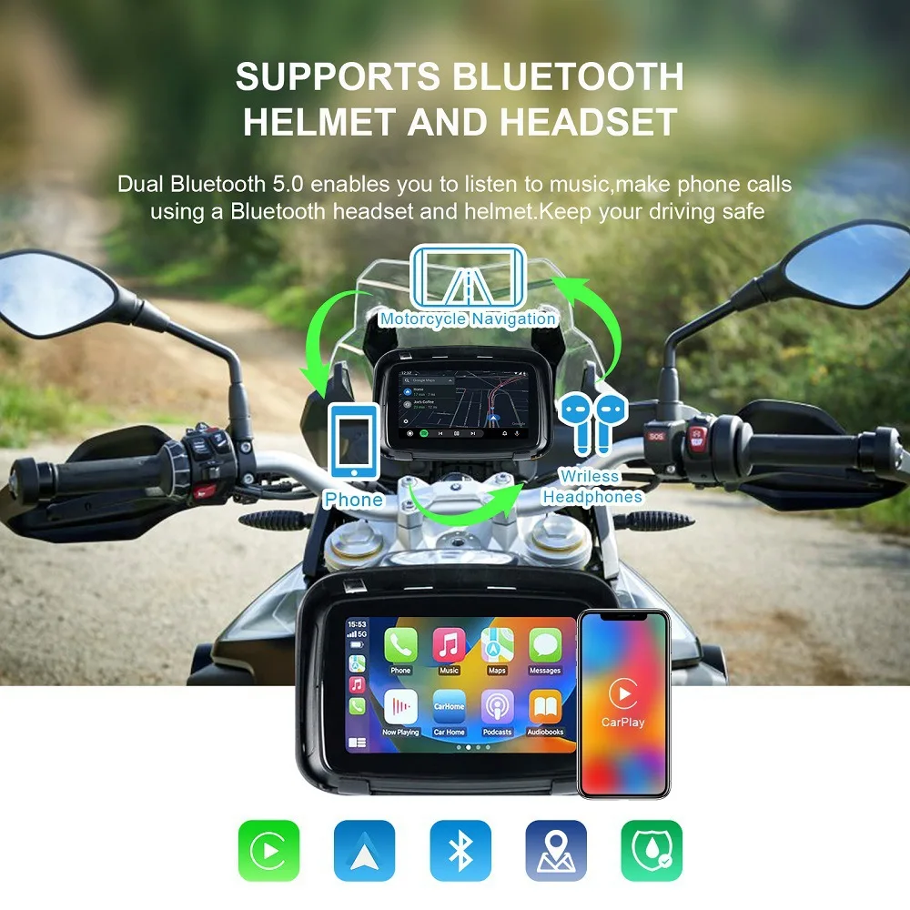 Schermo Gps Di Navigazione Per Moto Portatile Da 5 Pollici Ipx7 Navigatore Impermeabile Wireless Apple Carplay Android Navigatore Per Moto