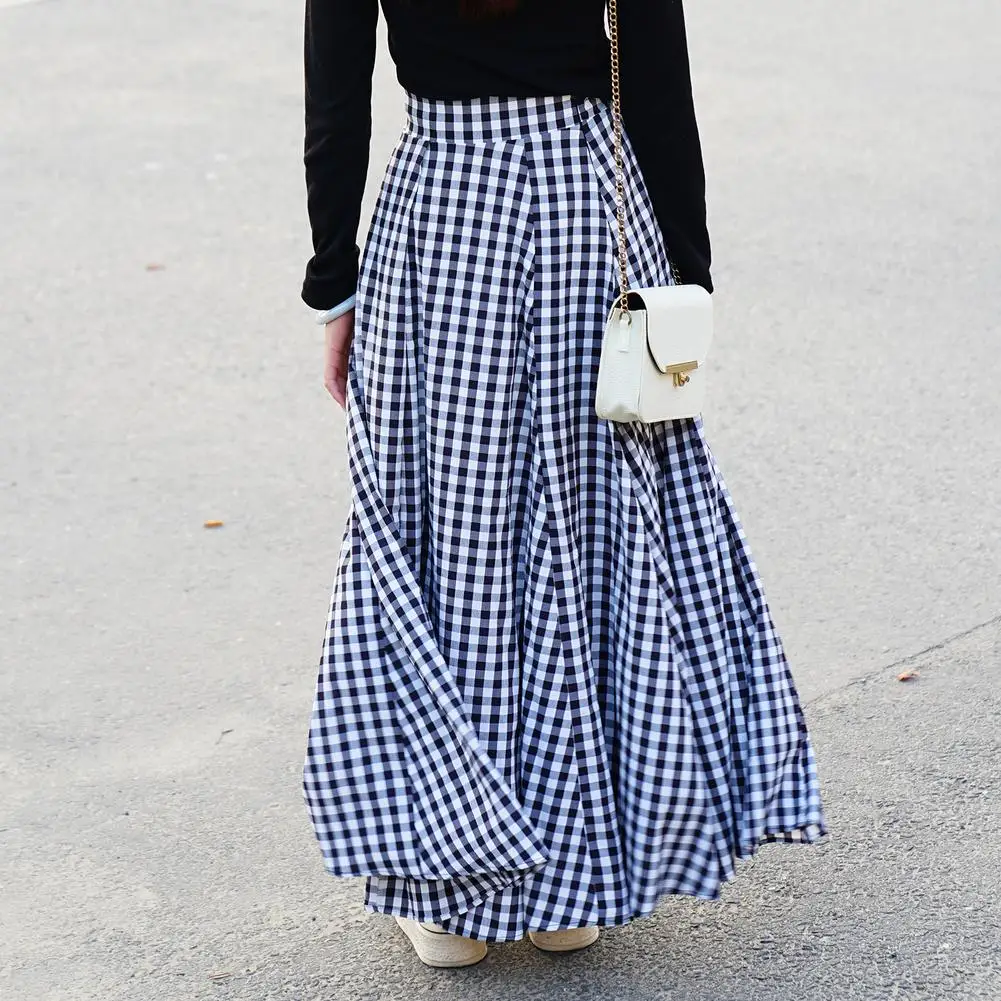

Plaid Long Skirts Women Bohemian Skirts Sexy High Waist Maxi Long Dress Casual Elastic Ladies A-line Skirts Women's Skirts Robe