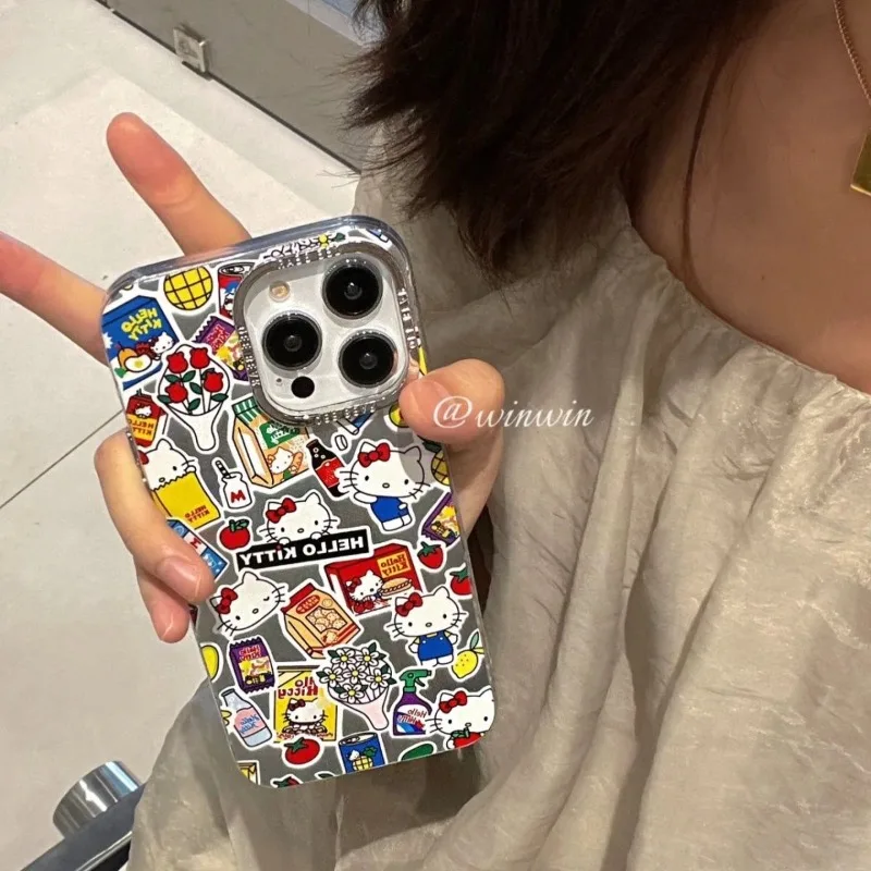 

Kawaii Sanrio Anime Hello Kitty TPU Phone Case Cute Cartoon Color Map Electroplated Silver Lovely Customized Fashion for Girls