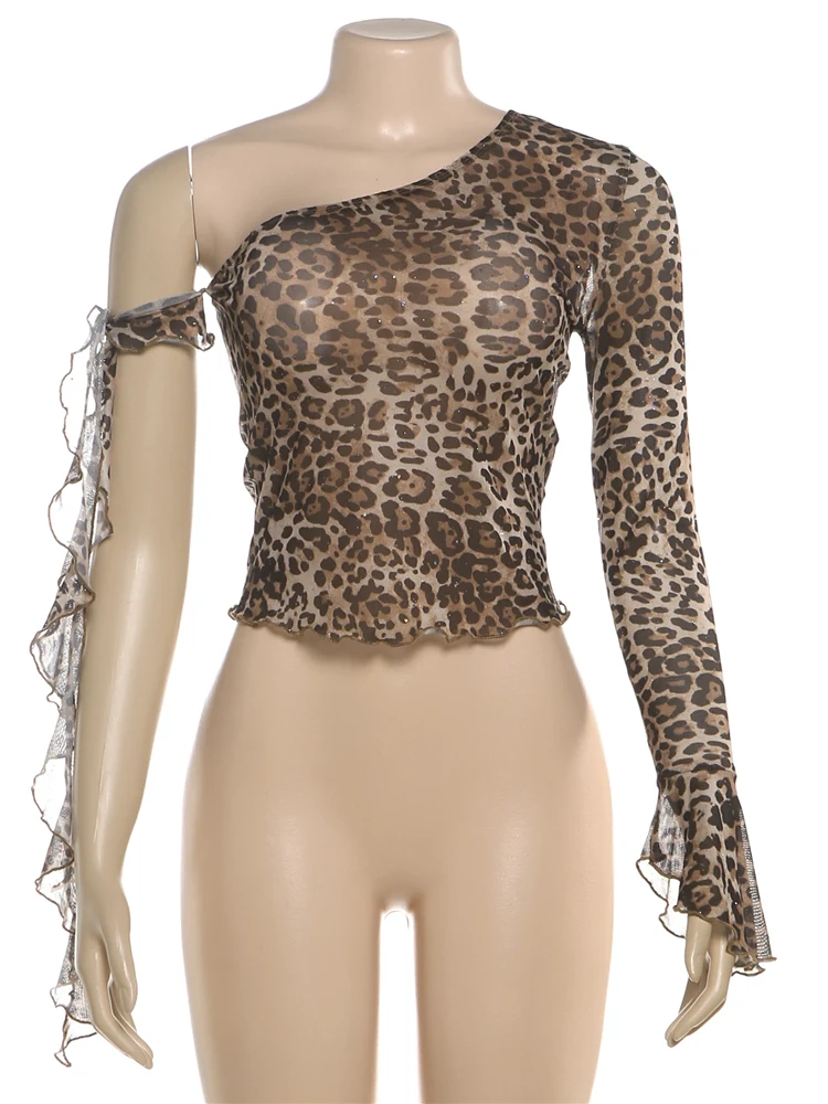 Nibber One Shoulder Leopard Print T-Shirts Woman Irregular Skew Collar Flared Sleeve Design Ruffles Ribbon Street Style Tops